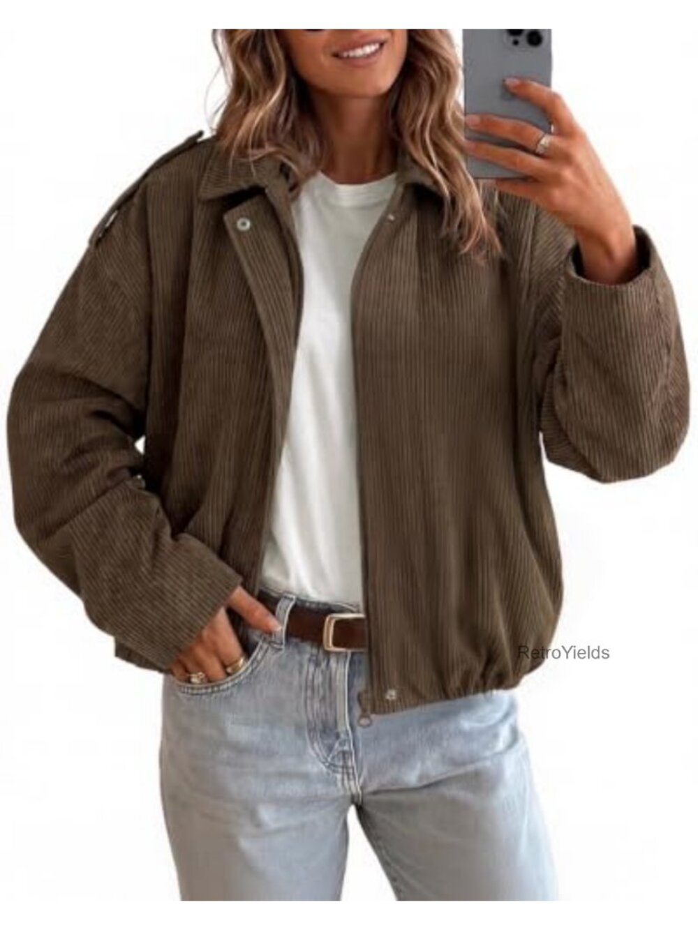 Cropped Corduroy Bomber Jacket Zip Up Collared Casual